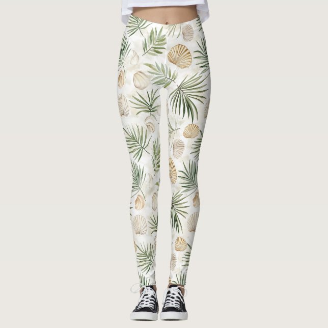 Leggings Shells Beach Green Palm Tree Leaves (Anverso)