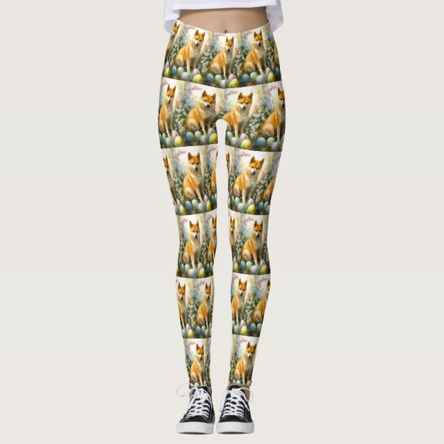 Leggings Shiba Inu con festividad de huevos de Pascua (Anverso)