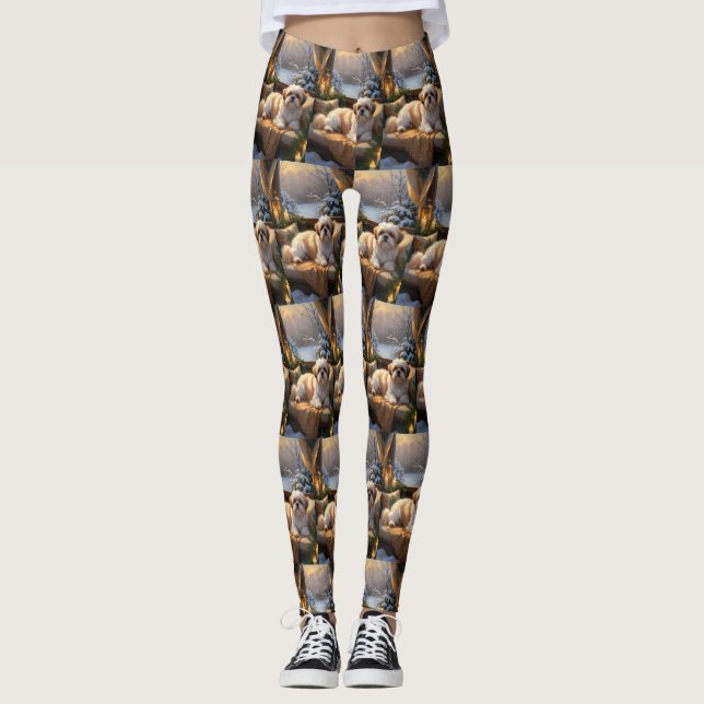 Leggings Shih Tzu con vacaciones de Navidades alumbrados (Anverso)