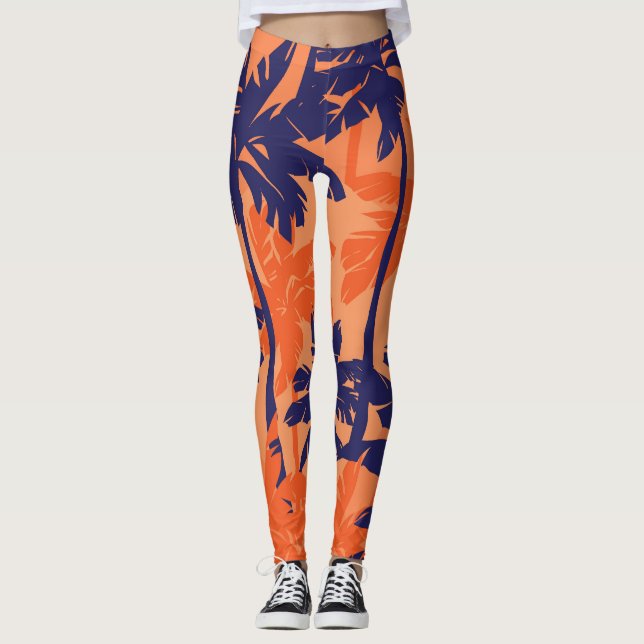 Leggings Silueta de palmera azul, fondo naranja (Anverso)