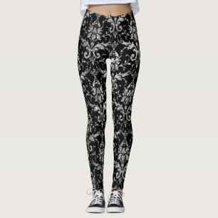 Leggings Silver Metallic Damask on Black