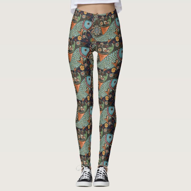 Leggings Símbolo chino de pescado Leyendas marrones y turqu (Anverso)