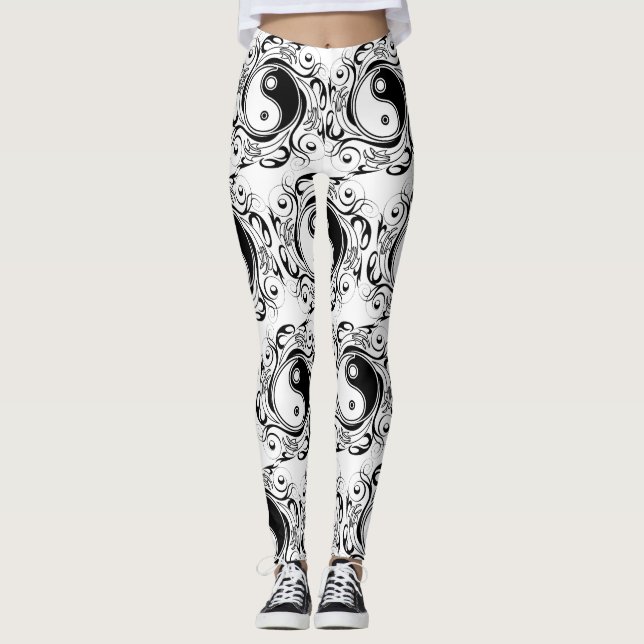 Leggings Símbolo Yin & Yang estilo Tatuaje blanco y negro (Anverso)