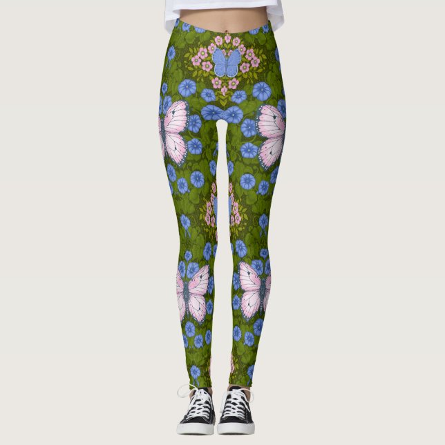 Leggings Simetría de mariposas y flores, azul y rosa (Anverso)