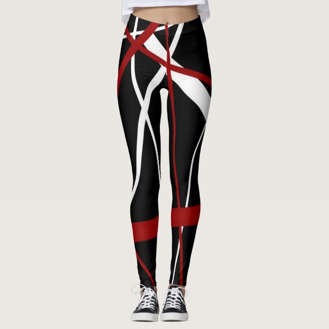 Leggings Sinopsis de las líneas rojas y blancas en negro (Anverso)