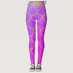 Leggings Sirena dorada escala Purpurina morado rosado