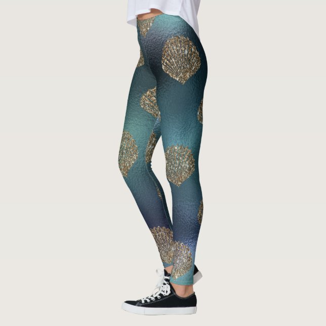 Leggings sirena fresca purpurina cáscaras de oro azul unico (Izquierda)