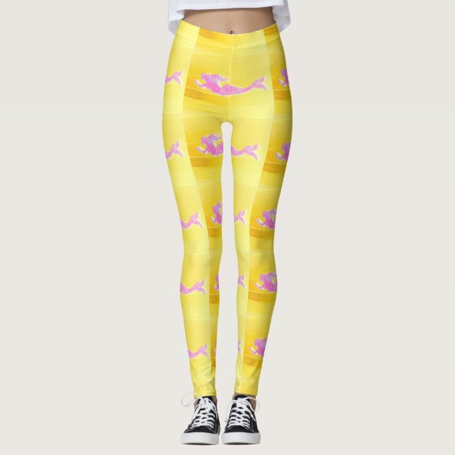 Leggings sirenas rosadas nadando amarillo (Anverso)