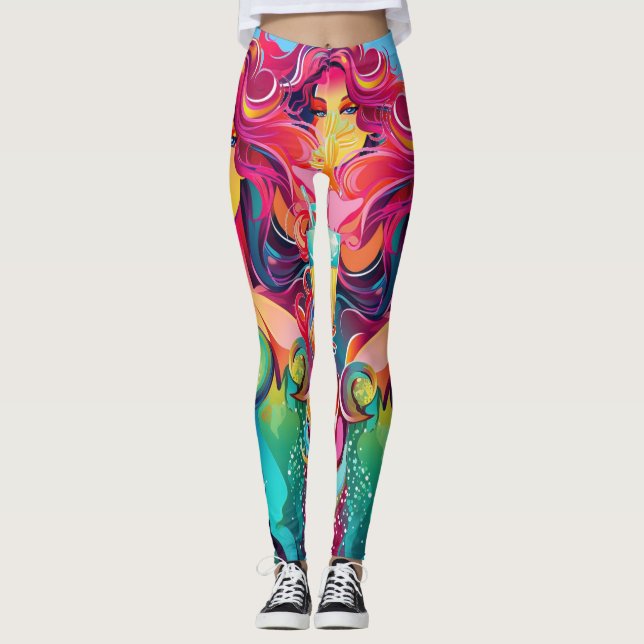 Leggings Sirenita de cabello arcoiris con cóctel (Anverso)