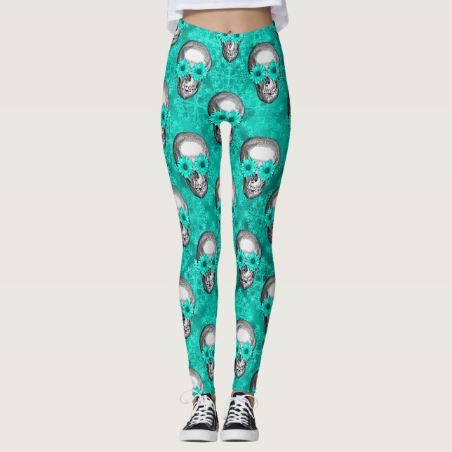 Leggings Skulls turquesa y diseño de la serie de girasoles  (Anverso)
