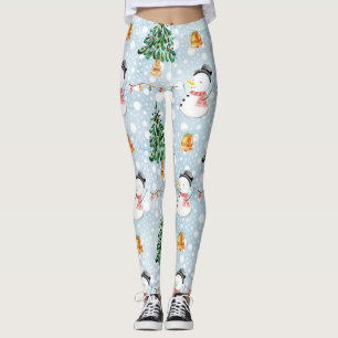 Leggings Snowman Con Árbol De Pelo En Patrón De Acuarela