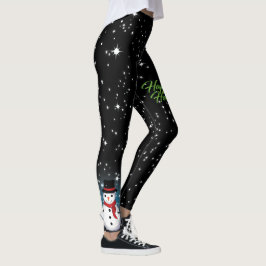 Leggings Snowman con feliz texto de vacaciones en verde en