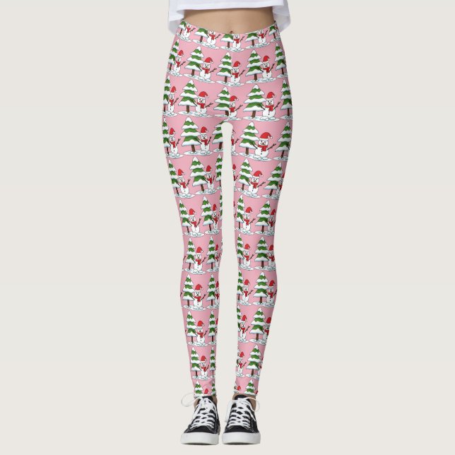 Leggings Snowman con un árbol de pino con nieve (Anverso)
