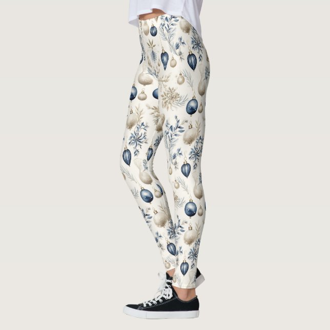 Leggings Sofisticado patrón de Navidades azules y dorados (Izquierda)