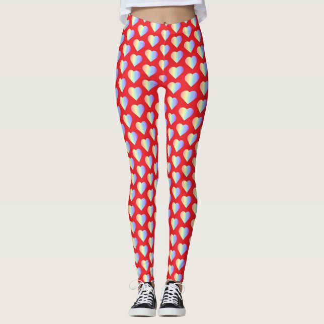 Leggings Soft Pastel Rainbow Hearts in Fire Red (Anverso)