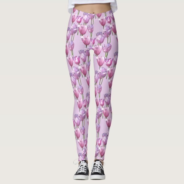 Leggings Sombreado del patrón de tulipanes rosados soleado (Anverso)