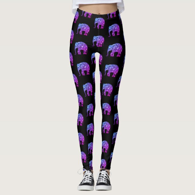 Leggings Sparkly purple blue ombre Elephant pattern black (Anverso)
