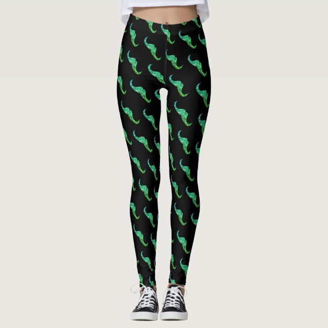 Leggings Sparkly teal green ombre Mustache pattern black (Anverso)