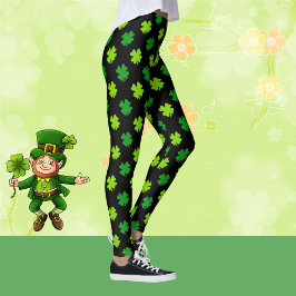 Leggings St. Patrick's Day 4 Leaf Clover Green Black Cute