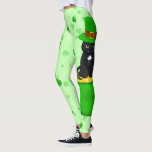 Leggings St. Patrick's Day Shamrock Pot of Gold Black Cat