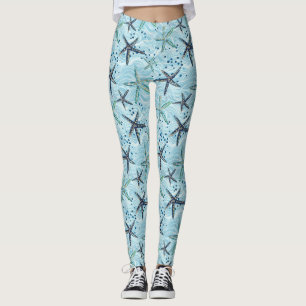 Leggings Starfish azul claro y dorado en el patrón de ola o