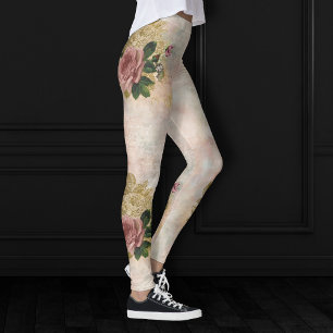 Leggings Steampunk Glam   Floral Rústica Rosa y Oro Rosa