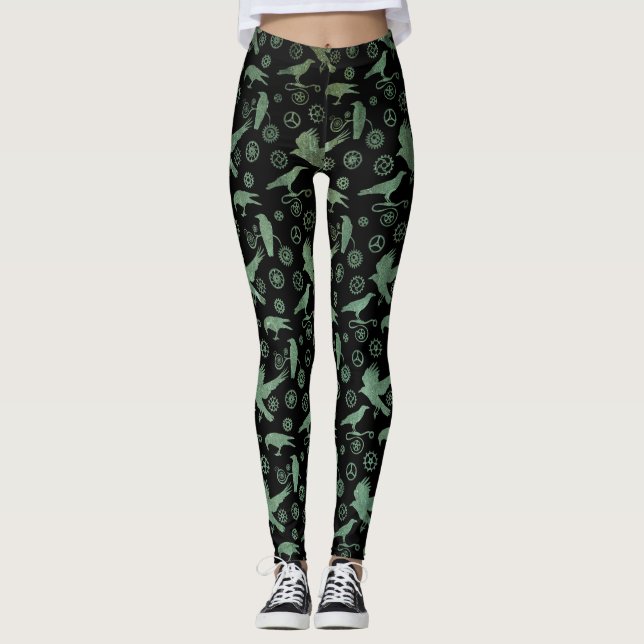 Leggings Steampunk Verdigris Bronze Crows and Gears (Anverso)