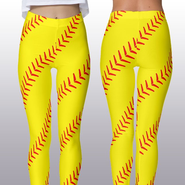 Leggings Stitches De Fastpitch Amarillo Luminoso (Vigas) (Bright yellow fastpitich softball leggins with red seams for softball players and fans.)
