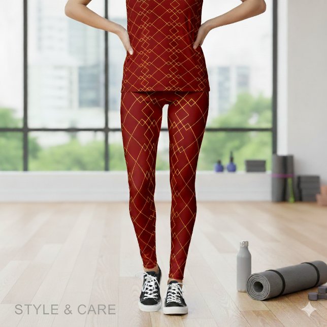 Leggings Stylish Gold Geometric Box Design Deep Red (Stylish Gold Geometric Box Design Deep Red Leggings)