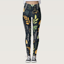 Leggings Stylish Green and Yellow Foliage Pattern 