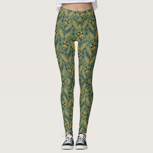 Leggings Stylized botanical orange and black floral pattern (Anverso)