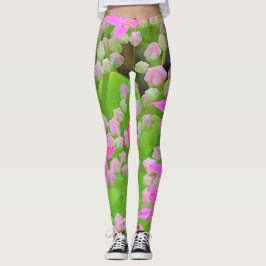 Leggings Suculento sedum rosa caliente con hojas verdes flo
