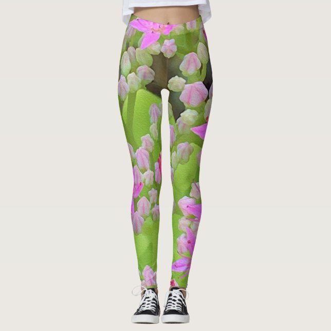 Leggings Suculento sedum rosa caliente con hojas verdes flo (Anverso)
