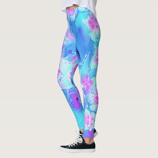 Leggings Suculento sedum subacuático azul y rosa caliente (Izquierda)