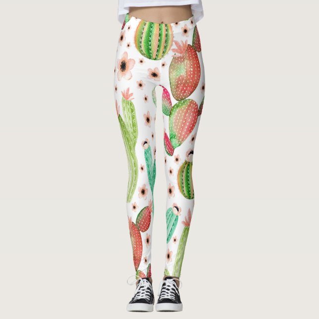 Leggings Suculentos acuarela, patrón sin costuras de cactus (Anverso)