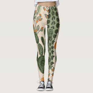Leggings Suculentos verdes, flores naranjas, papel pintado 