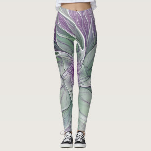 Leggings Sueño de flores, abstracto arte fractal verde púrp