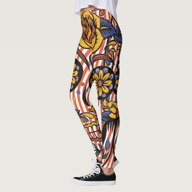 Leggings Sugar Skull Naranja Rayas Florales Púrpuras Leggon (Izquierda)