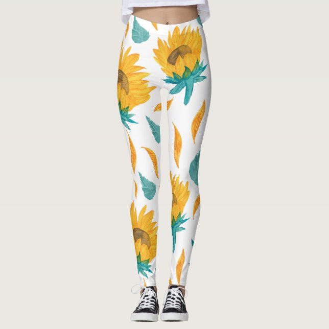 Leggings Sunflower acuarela: Impresión botánica de verano (Anverso)
