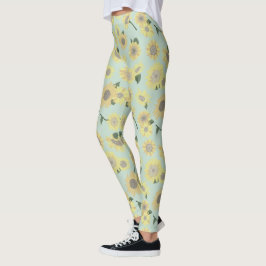Leggings Sunflowers Amarillo Brillante En Patrón Azul