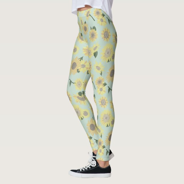 Leggings Sunflowers Amarillo Brillante En Patrón Azul (Izquierda)