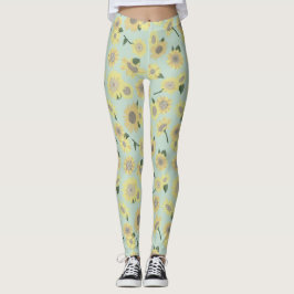 Leggings Sunflowers Amarillo Brillante En Patrón Azul