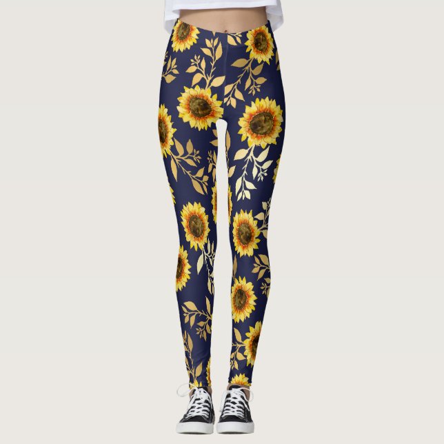 Leggings Sunny Yellow Gold Navy Sunflowers deja el patrón (Anverso)