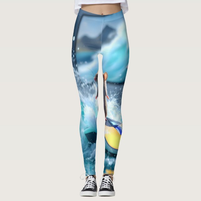 Leggings Surreal Mouse Surfing Digital Waves – Whimsical Te (Anverso)