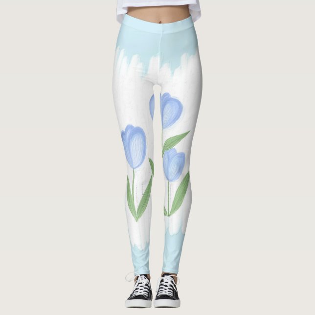 Leggings Susurros de primavera: tulipanes azules sobre lien (Anverso)