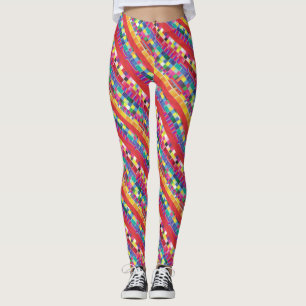 Leggings swatches rojos, rayas y píxeles coloridos