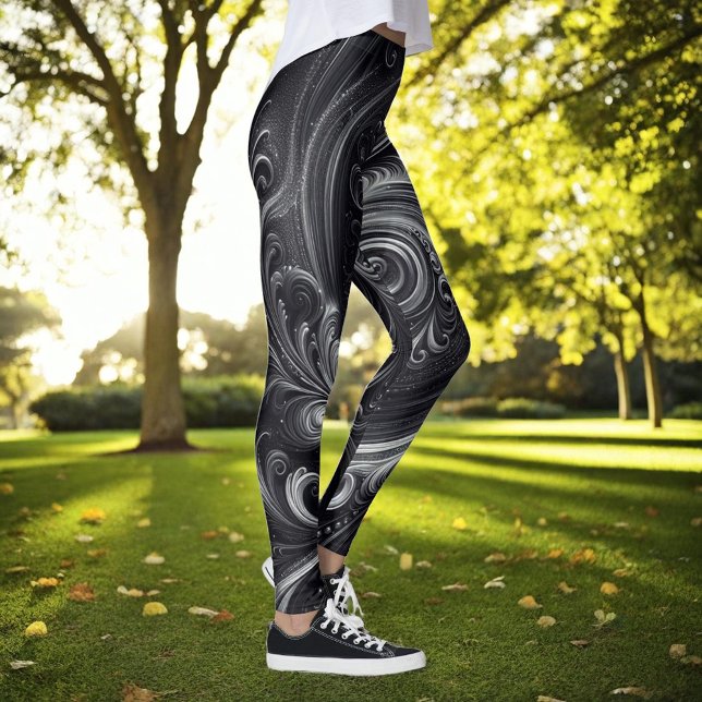Leggings Swirling Moderno Resumen Negro y Plata (Subido por el creador)