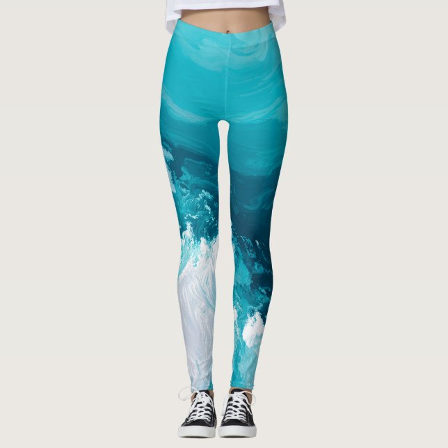 Leggings Swirling Turquoise Waves Abstract Ocean Wave Art (Anverso)