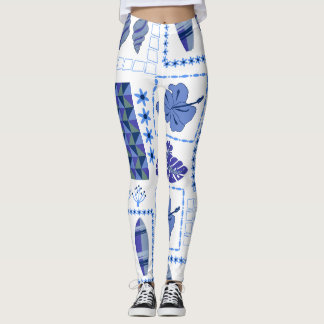 Leggings Tabla de surf tropical azul patrón de hibisco