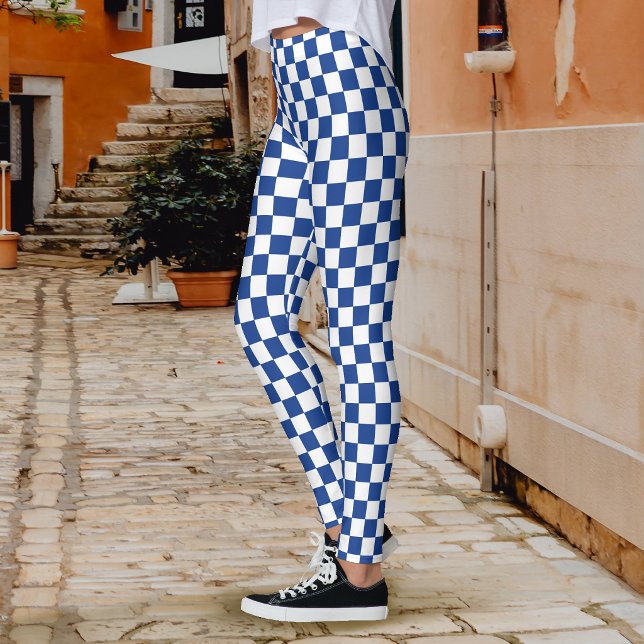 Leggings Tablero de ajedrez azul marino blanco (Checkerboard Navy Blue White Leggings)